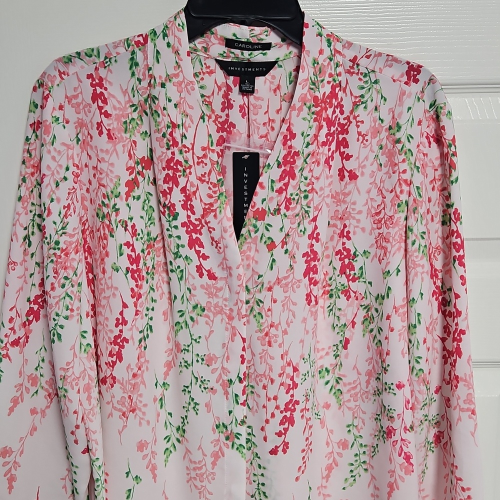 Investments 3/4 Sleeve Button Front V-neck Top: Pink W/Floral:Size- Large - Picture 2 of 14